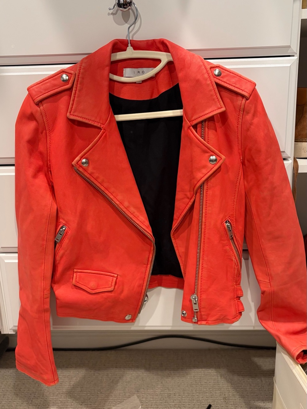 IRO Red Leather Moto Jacket with Silver Hardware